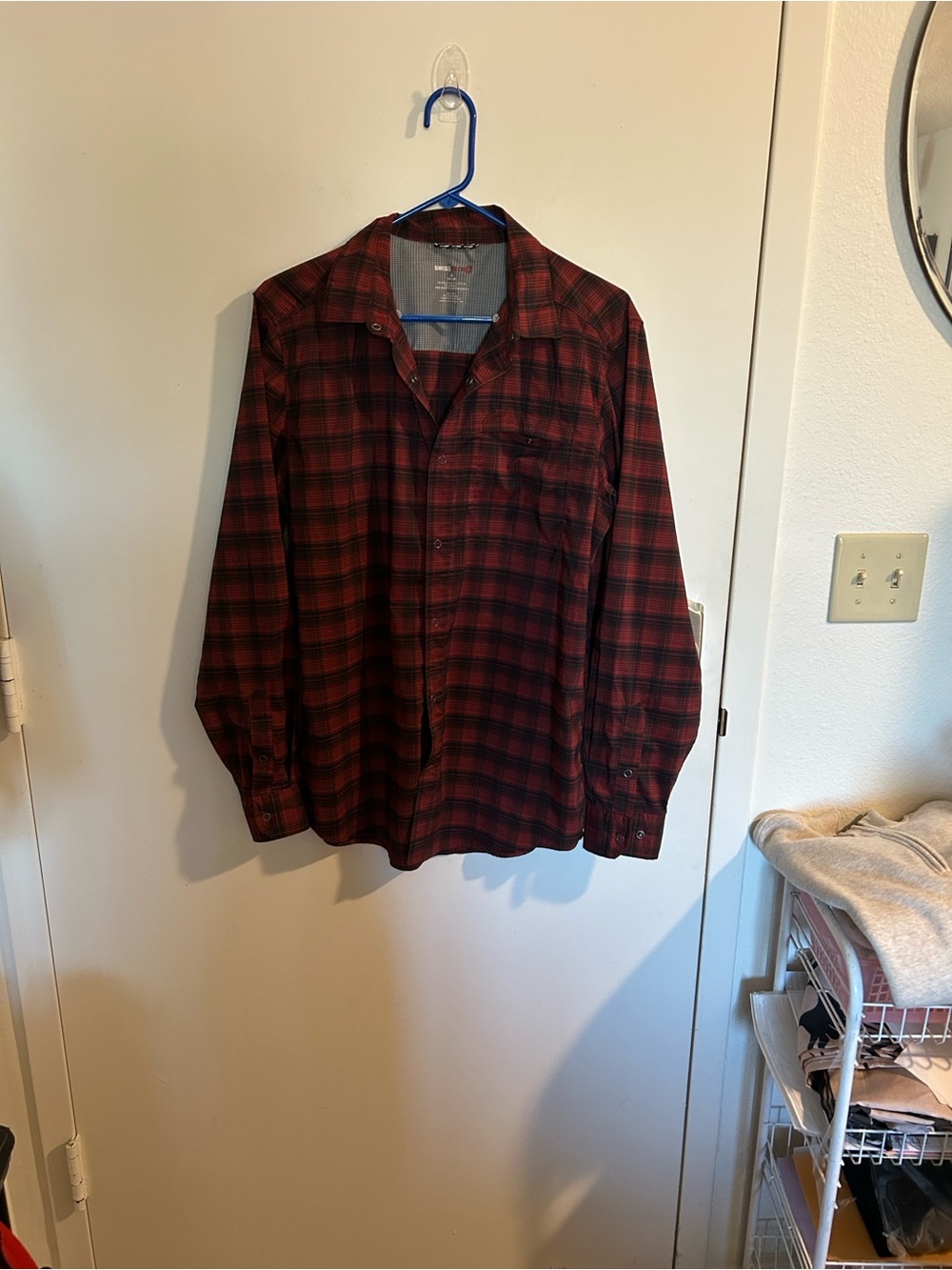 Swiss Tech Red and Black Plaid Casual Button Down Shirt